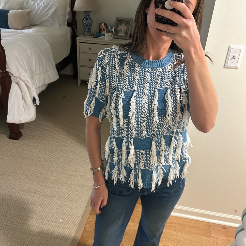 Blue and White Fringe Knit Top Ulla Johnson